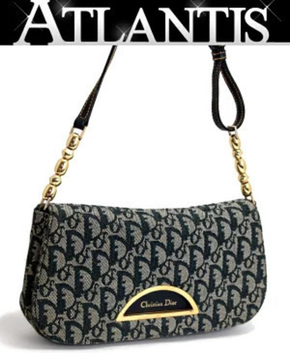 Christian Dior Trotter Shoulder Bag Canvas x Leather Navy Blue